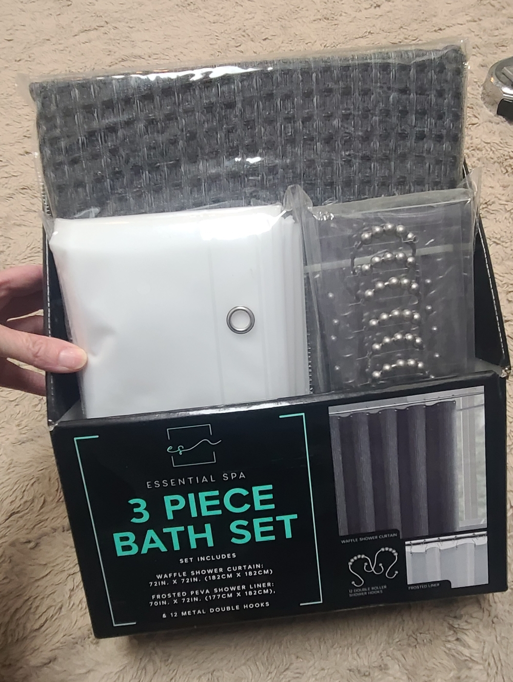 Essential Spay 3-Piece Bath Set With Waffle Knit Shower Curtain, Liner, Hooks
